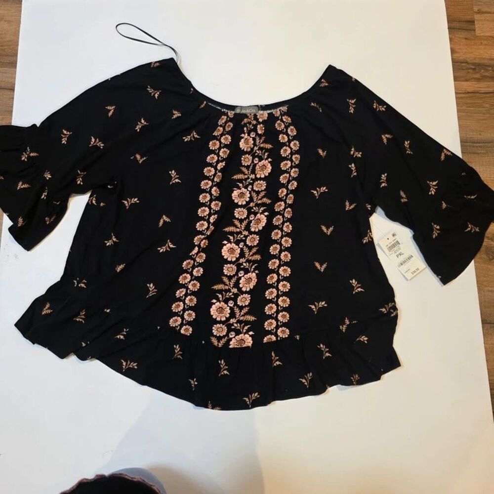 Style & Co Petite XL Black Floral Peplum Blouse NWT 3/4 Sleeve